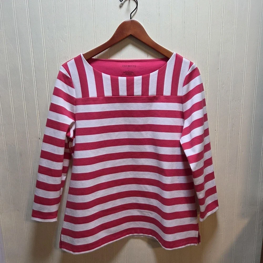 Talbots Shirt Womens Large Pink White Stripe Boat Neck 3/4 Sleeve Zip Cuff Tunic - Picture 2 of 7
